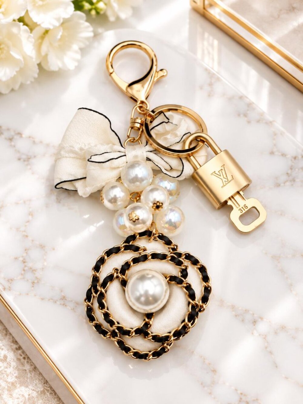 Authentic Louis Vuitton Gold Padlock 🔒 Key Set w/ Unbranded Flower Bag Charm